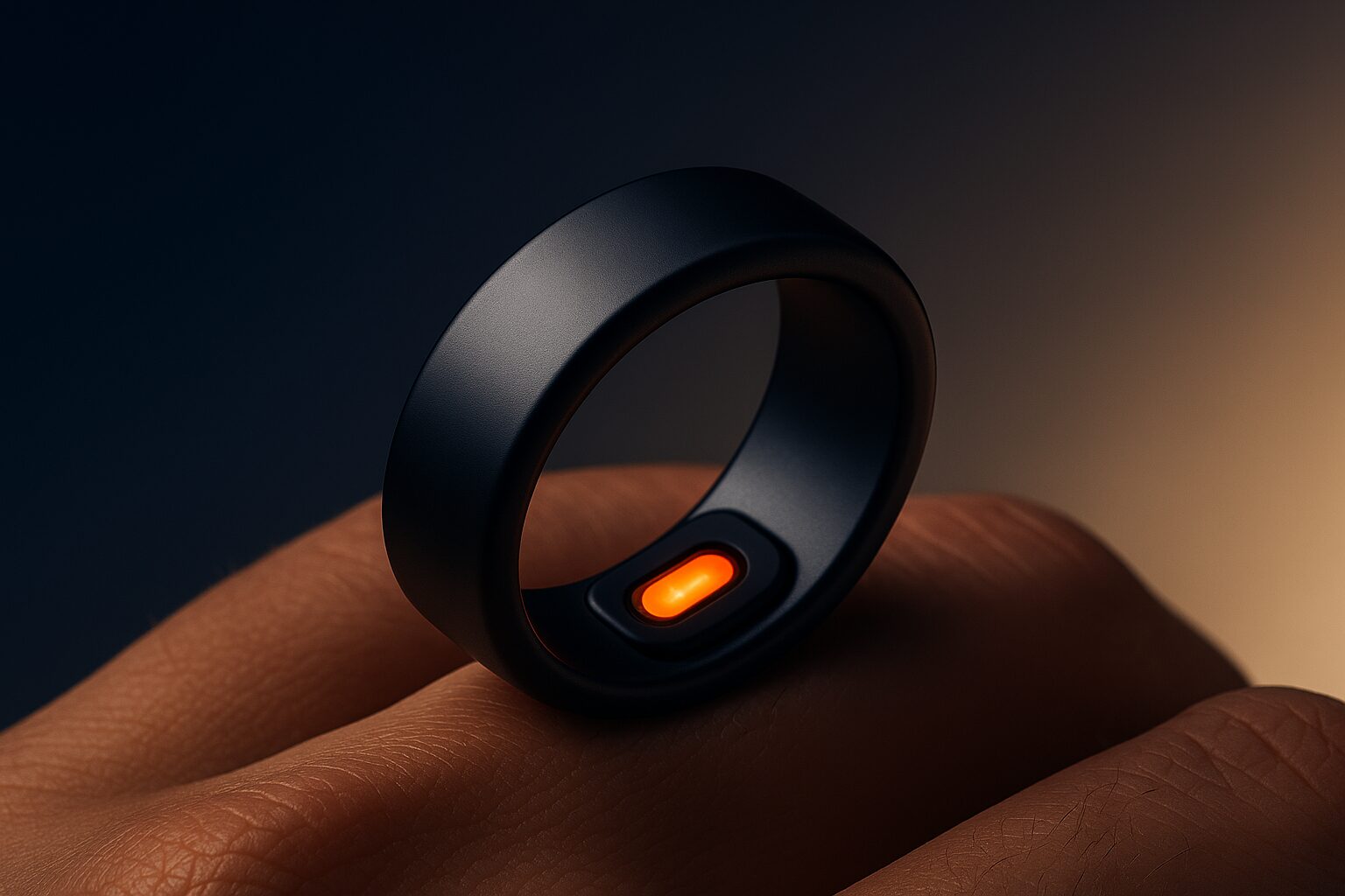 A sleek black smart ring with glowing internal sensors