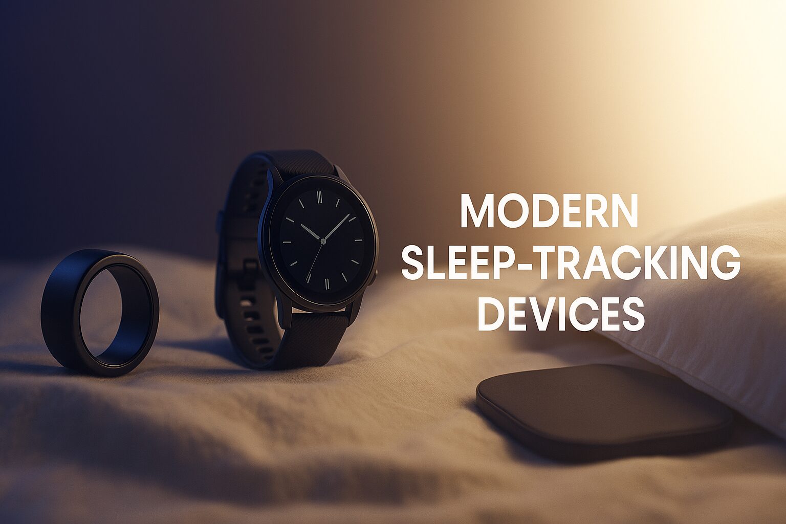 Various modern sleep trackers on a bedside table